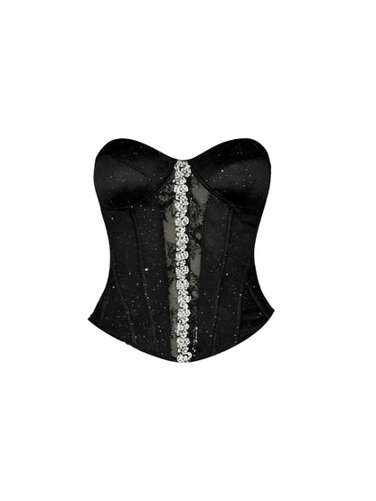 Alluring Crystal Lace Strapless 2-Piece Bodycon Mini Skirt Sparkly Black Corset Top Printed Short Dress AP5447