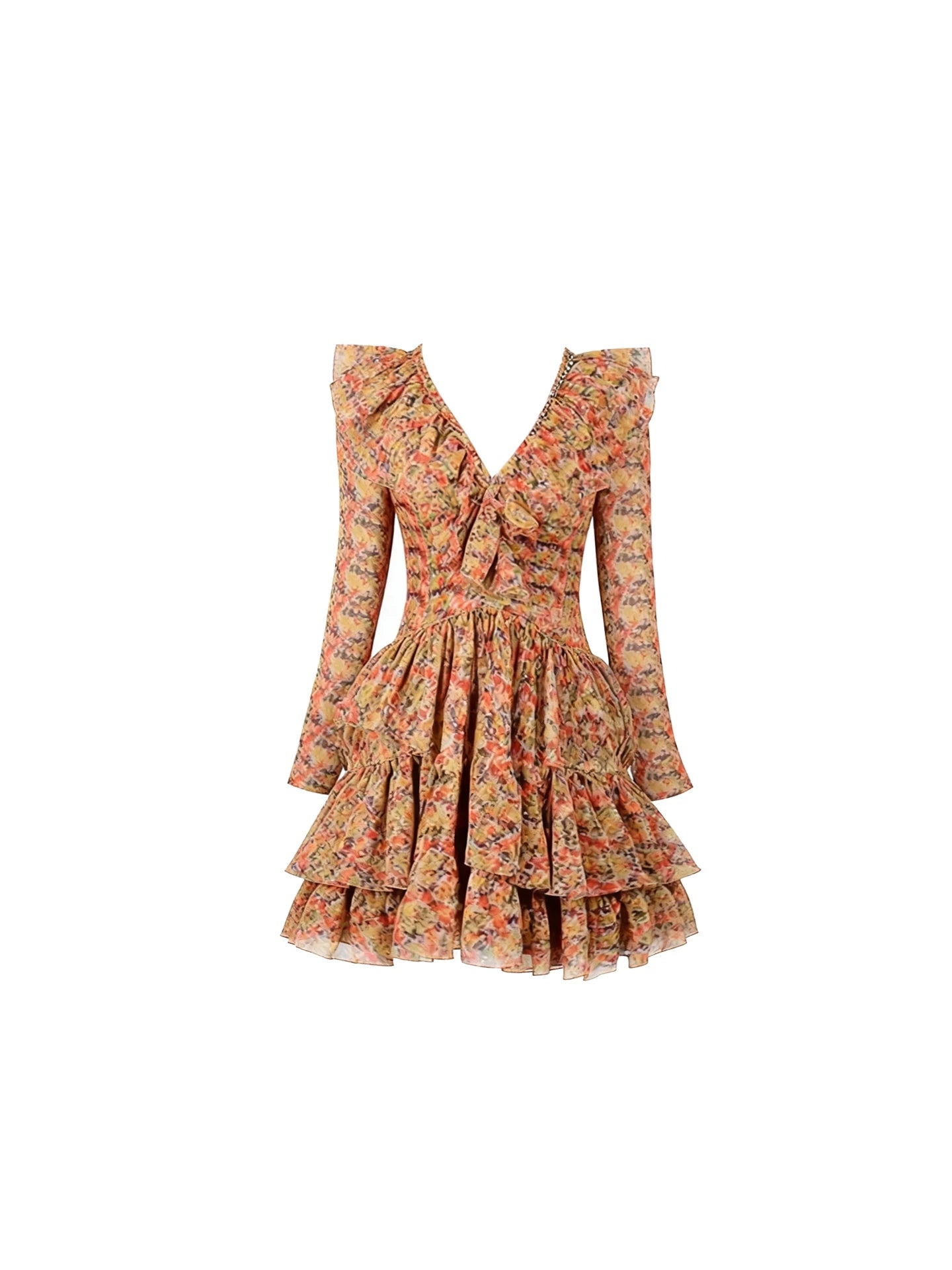 Gorgeous Multicolor Floral Print Long Sleeve A-Line Mini Skirt Vibrant V-Neck Knot Tie Tiered Ruffle Short Dress AP5448