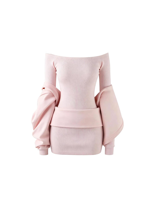 Glam Light Pink Ribbed Knit 2-Piece Mini Skirt Sweet Long Sleeves Off-Shoulder Top Bodycon Short Dress AP5449