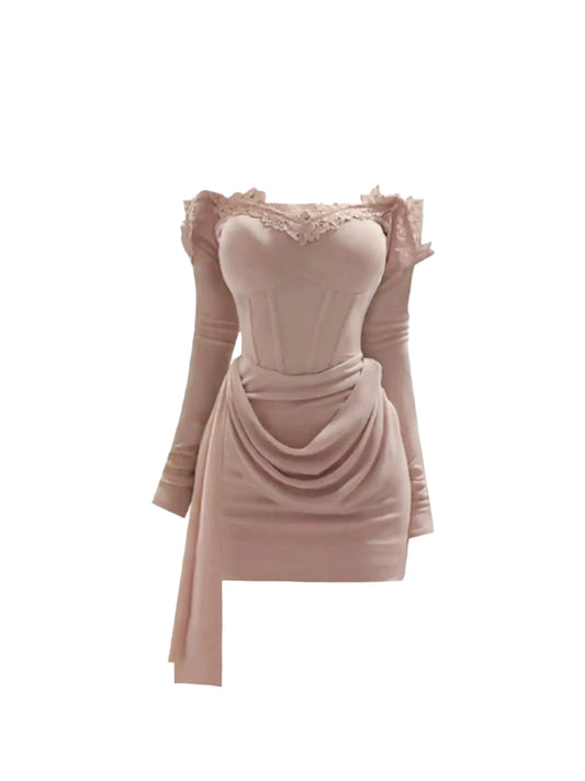 Glamorous Long Sleeves Bodice Asymmetric Drape Bodycon Mini Skirt Romantic Pink Lace-Trimmed Off-Shoulder Short Dress AP5450