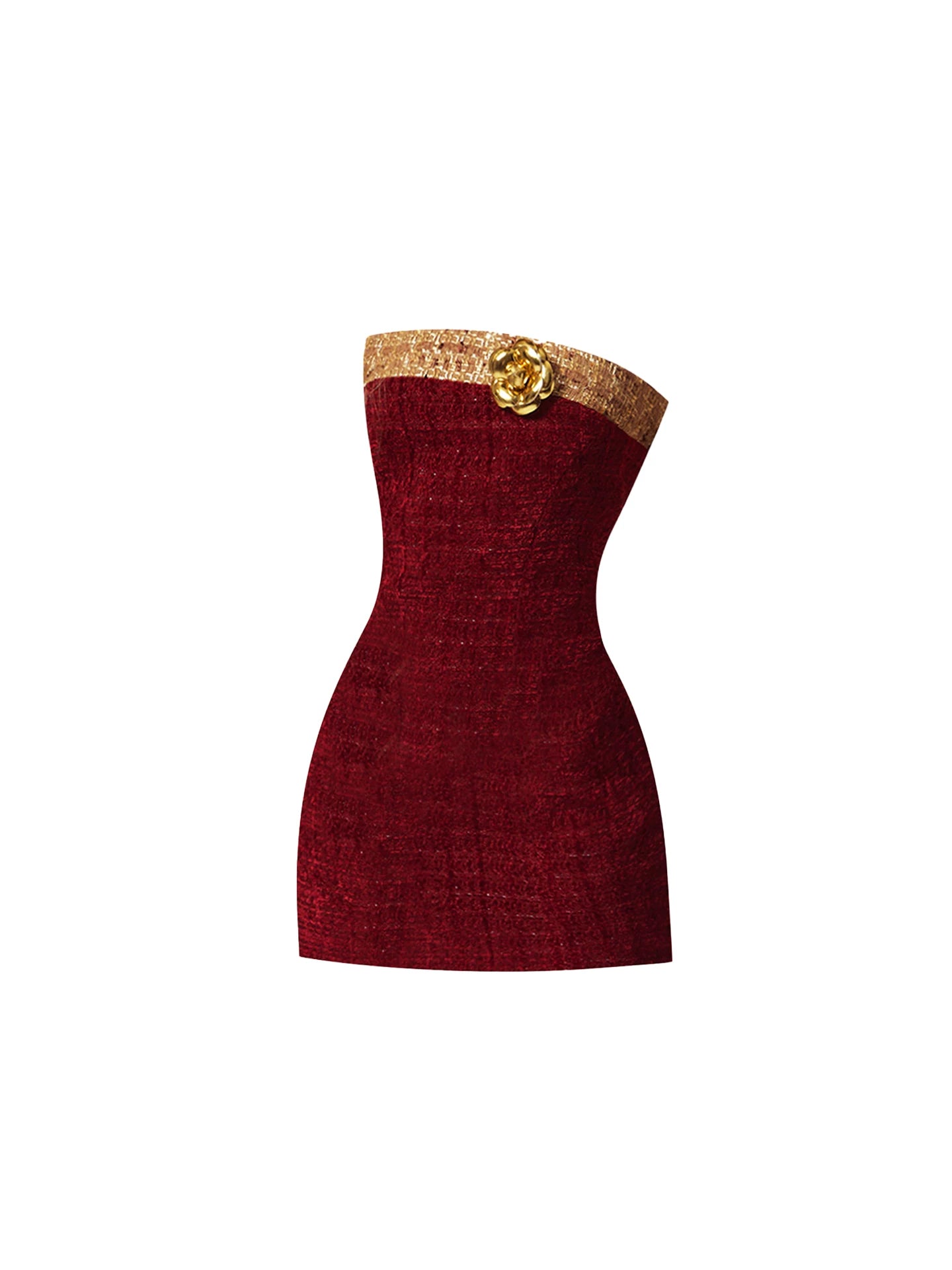 Dramatic Burgundy Strapless Corset Bodycon Mini Skirt Alluring Tweed Texture Gold Rose Trim Short Dress AP5451