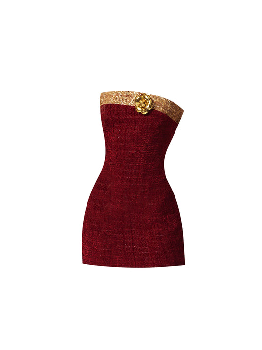 Dramatic Burgundy Strapless Corset Bodycon Mini Skirt Alluring Tweed Texture Gold Rose Trim Short Dress AP5451