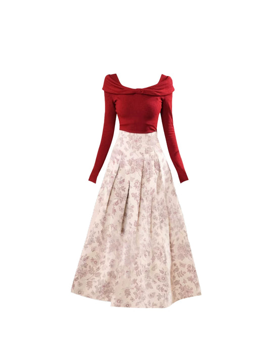 Stunning Jewel Neck A-Line 2-Piece Floral Print Maxi Dress Romantic Red Fitted Top Cream Pleated Long Dress AP5452
