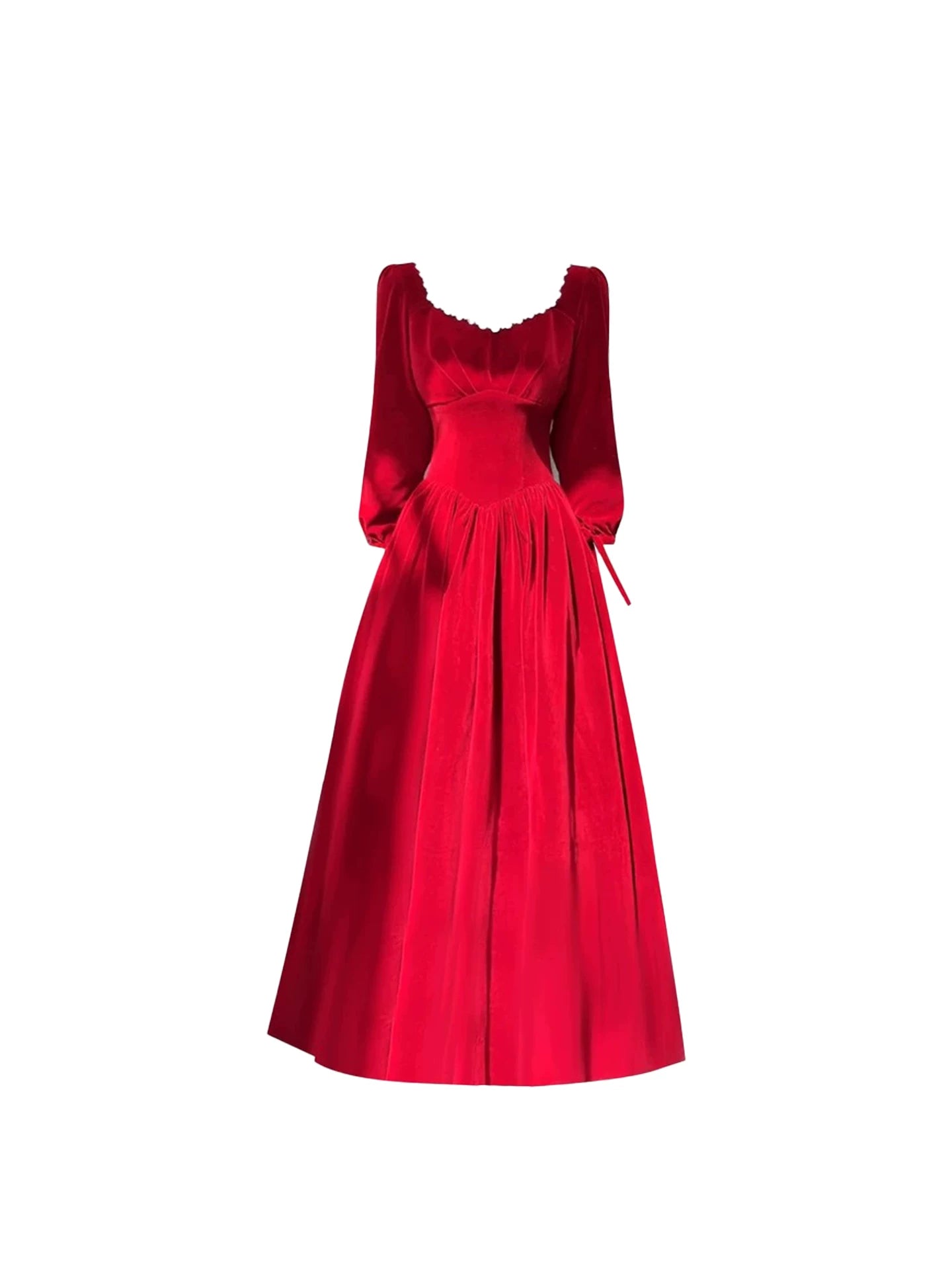 Novelty Puff Long Sleeves Ruched Bodice A-Line Flowy Maxi Dress Chic Red Scalloped Square Neck Long Dress AP5453