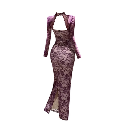 Vibrant Choker Neckline Cutout Bow Waist Back Slit Maxi Dress Sexy Mauve Sheer Lace Long Sleeve Sheath Long Dress AP5455
