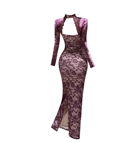 Vibrant Choker Neckline Cutout Bow Waist Back Slit Maxi Dress Sexy Mauve Sheer Lace Long Sleeve Sheath Long Dress AP5455