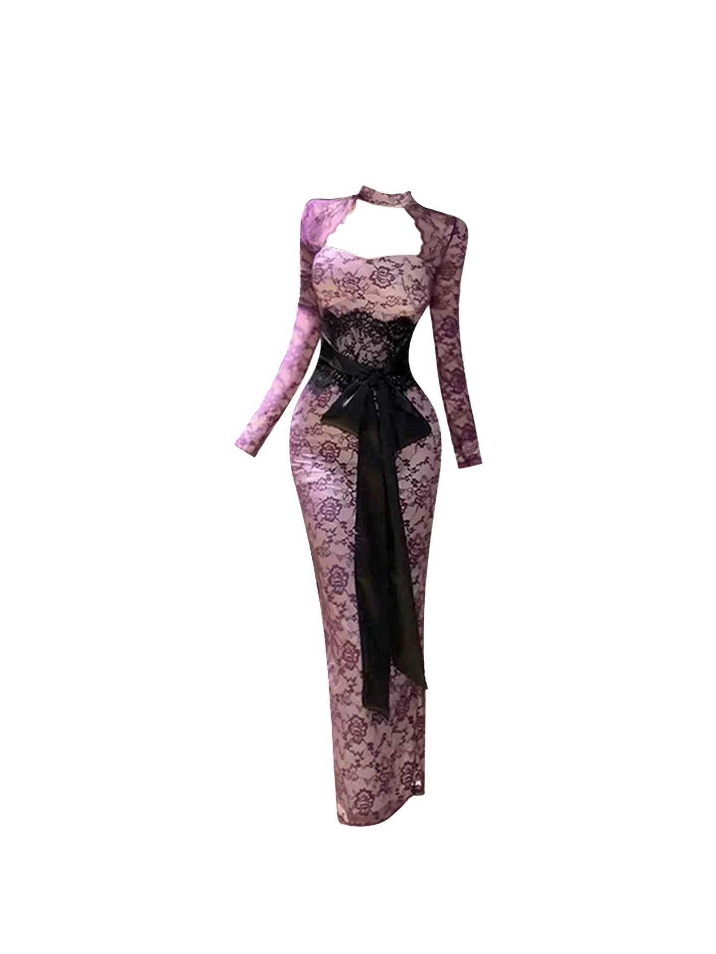 Vibrant Choker Neckline Cutout Bow Waist Back Slit Maxi Dress Sexy Mauve Sheer Lace Long Sleeve Sheath Long Dress AP5455