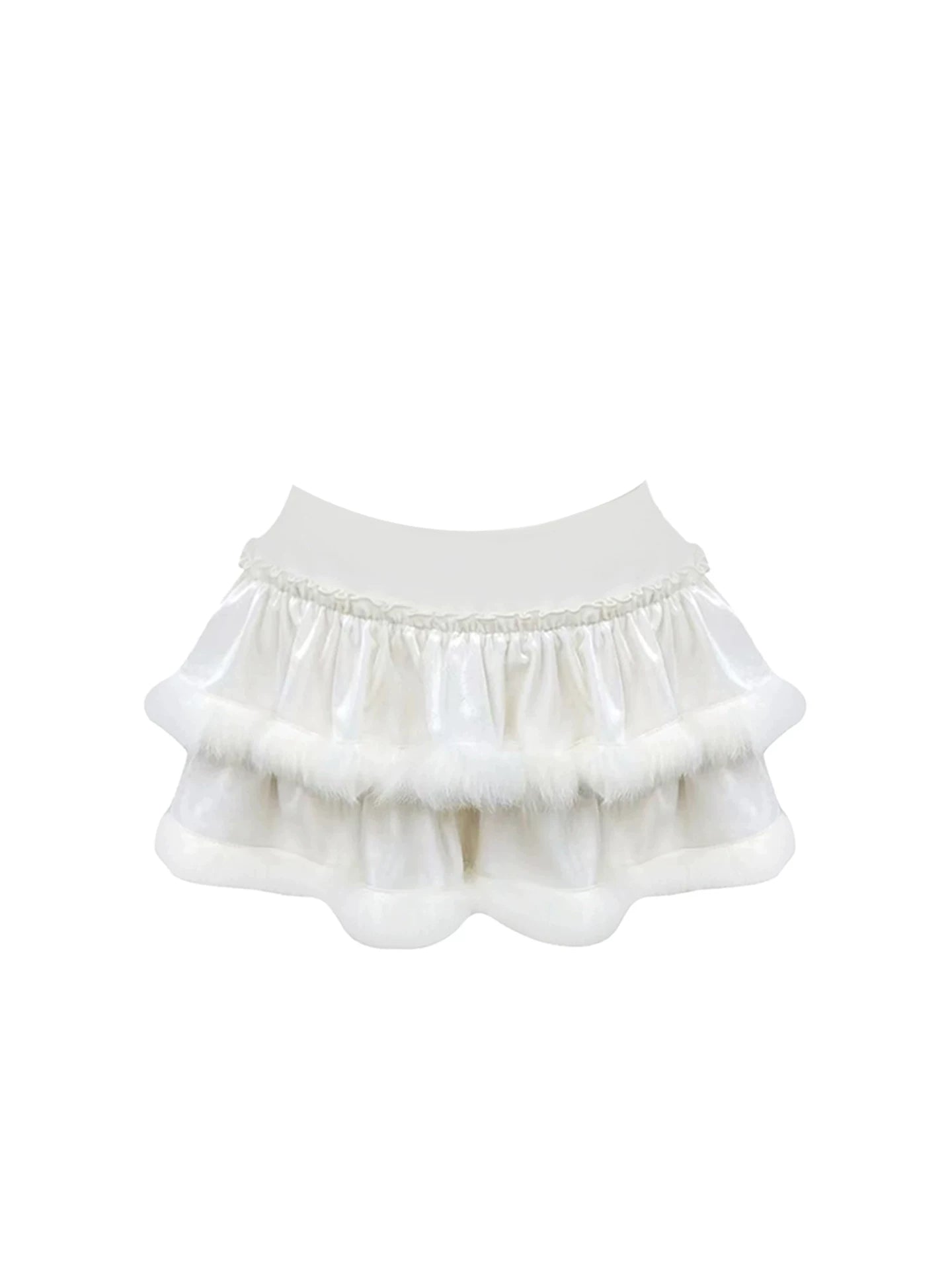 Fashionable Crop Top Bow Detail Ruffled A-Line Mini Skirt Sweet White Fuzzy Two-Piece Set Halter Short Dress AP5456