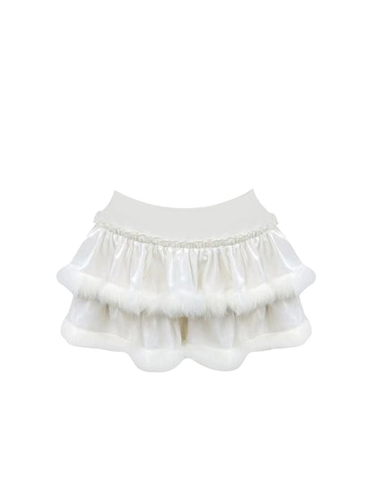 Fashionable Crop Top Bow Detail Ruffled A-Line Mini Skirt Sweet White Fuzzy Two-Piece Set Halter Short Dress AP5456
