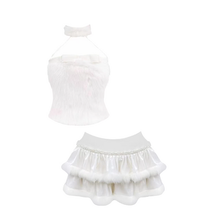 Fashionable Crop Top Bow Detail Ruffled A-Line Mini Skirt Sweet White Fuzzy Two-Piece Set Halter Short Dress AP5456