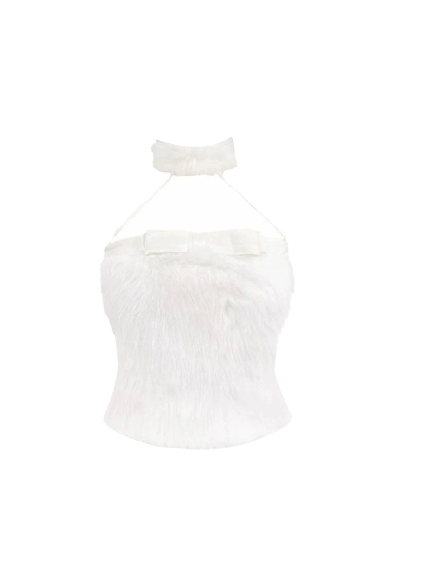 Fashionable Crop Top Bow Detail Ruffled A-Line Mini Skirt Sweet White Fuzzy Two-Piece Set Halter Short Dress AP5456