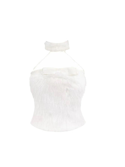 Fashionable Crop Top Bow Detail Ruffled A-Line Mini Skirt Sweet White Fuzzy Two-Piece Set Halter Short Dress AP5456