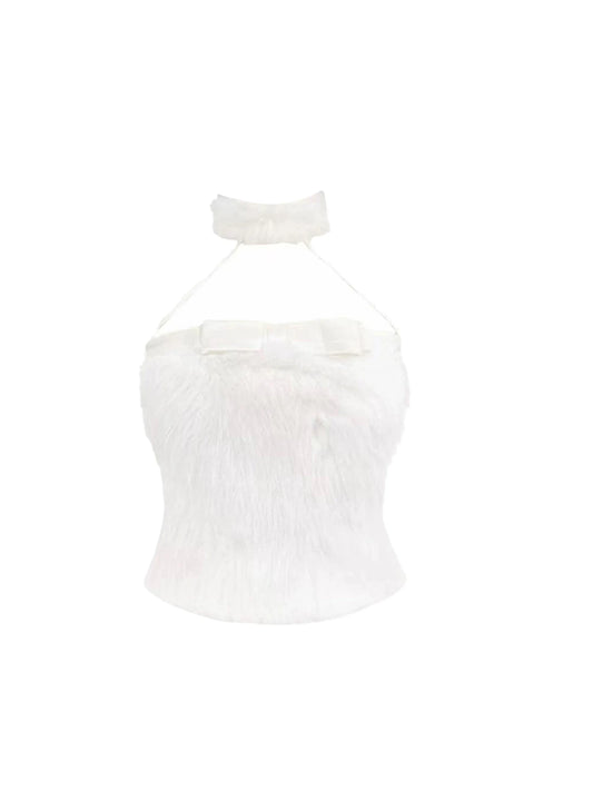 Fashionable Crop Top Bow Detail Ruffled A-Line Mini Skirt Sweet White Fuzzy Two-Piece Set Halter Short Dress AP5456