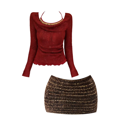 French Style Long-Sleeve Gold Trim Top 2-Piece Mini Skirt Elegant Burgundy & Bronze Scalloped Hem Bodycon Striped Short Dress AP5457