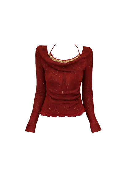 French Style Long-Sleeve Gold Trim Top 2-Piece Mini Skirt Elegant Burgundy & Bronze Scalloped Hem Bodycon Striped Short Dress AP5457