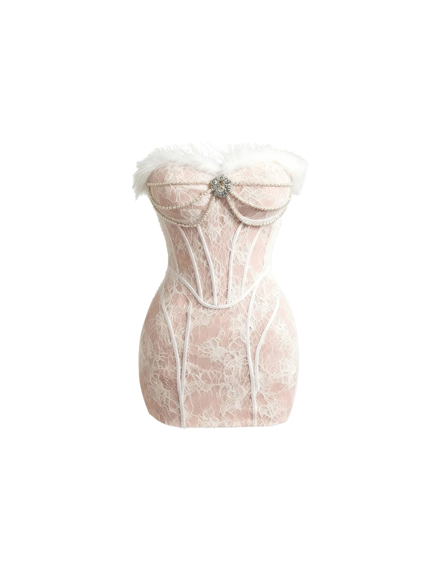 Simple Pearl Chains Rhinestone Brooch Detail Bodycon Mini Skirt Glamorous Strapless Pink Lace White Fur Neckline Short Dress AP5459