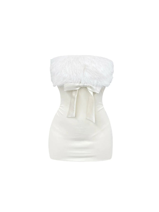 Dopamine Style Fluffy Fuzzy Trim Bodycon Mini Skirt Trendy White Satin Bow Accent Strapless Short Dress AP5461
