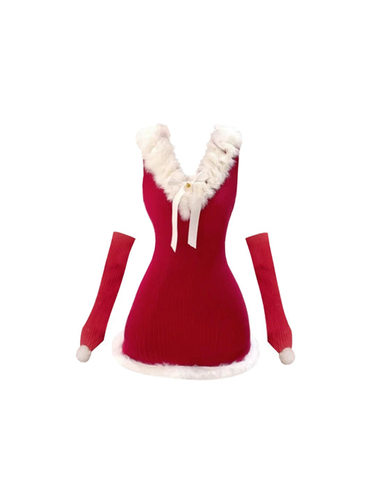 Adorable Faux Fur V-Neck Hem Mini Skirt Sexy Red Christmas Bow Detail Bodycon Short Dress AP5463