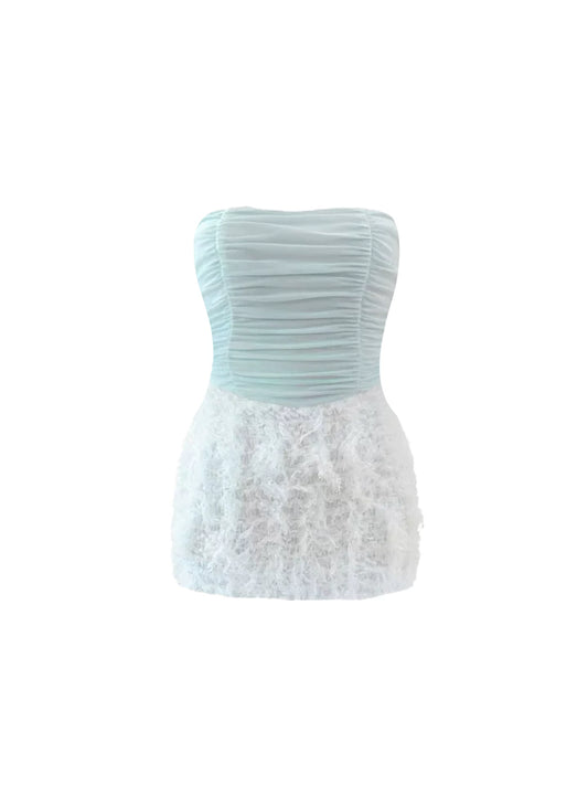 Playful Fluffy Feather Fringe Bodycon Ruched Mini Skirt Chic Strapless Light Mint Green Short Dress AP5464