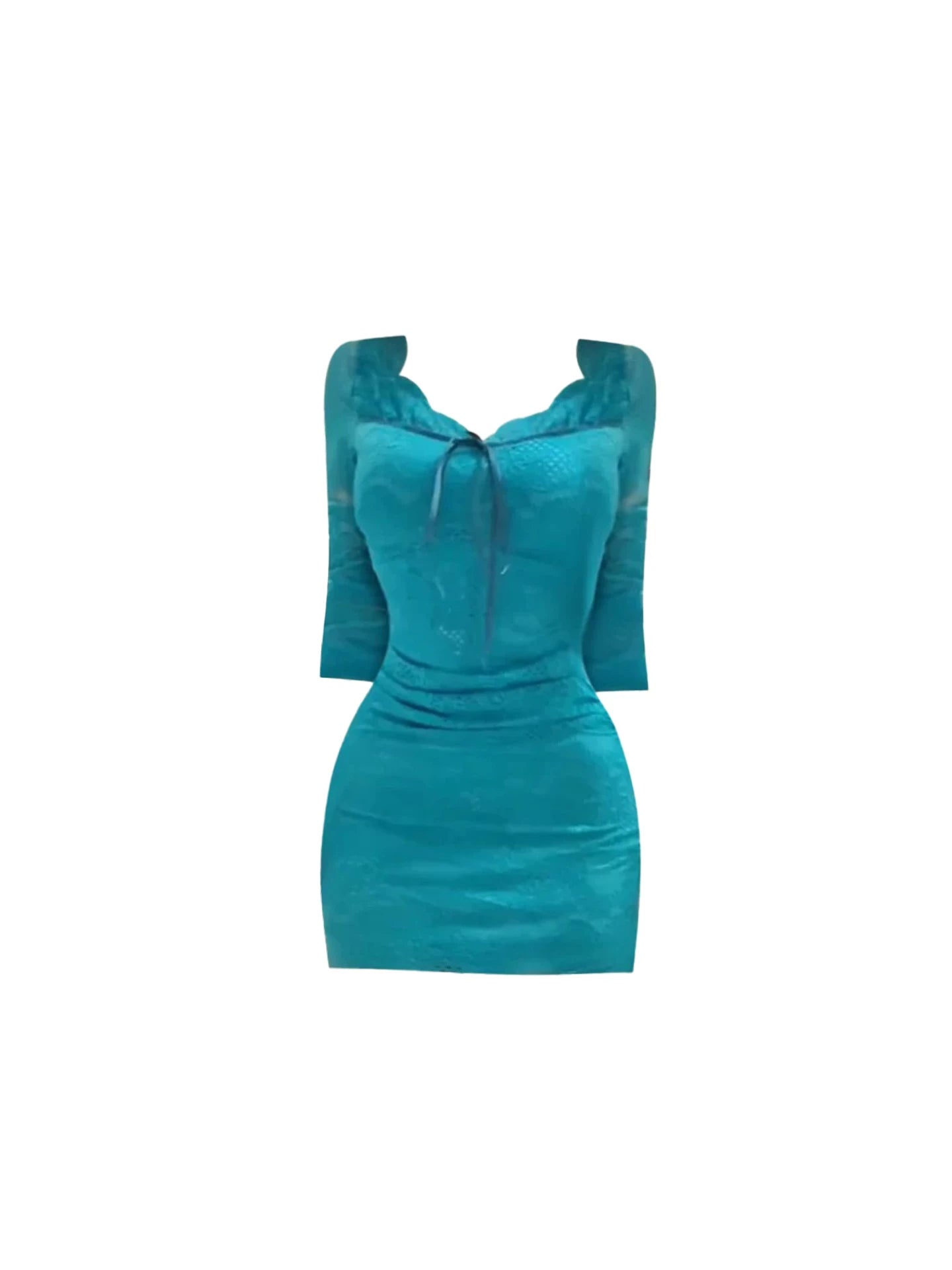 Stylish Long Sleeve Turquoise Bodycon Lace Trim Mini Skirt Charming Scalloped V Neck Bodycon Front Tie Short Dress AP5465