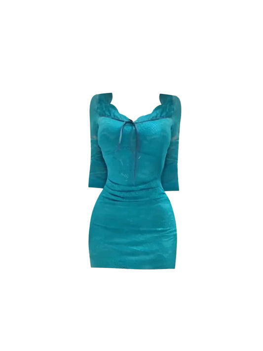 Stylish Long Sleeve Turquoise Bodycon Lace Trim Mini Skirt Charming Scalloped V Neck Bodycon Front Tie Short Dress AP5465