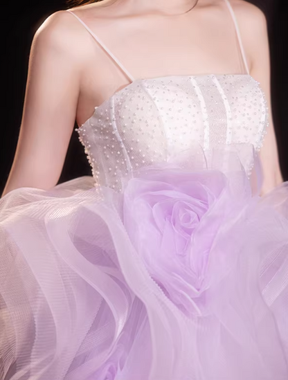 Fitted A-Line Spaghetti Strap Ruffles Evening Gowns Beading Handmade Flowers Tulle Prom Dress AP5466