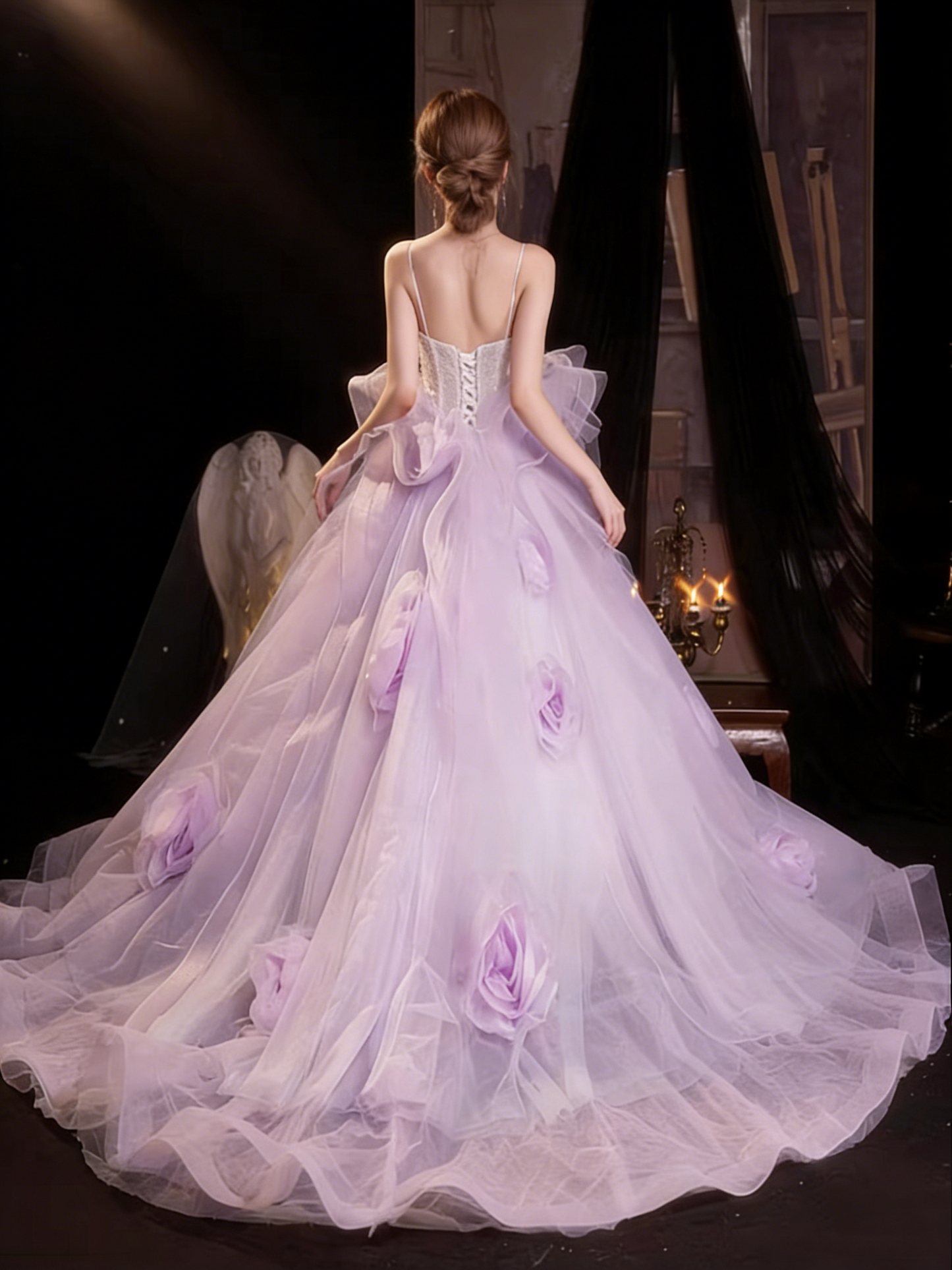 Fitted A-Line Spaghetti Strap Ruffles Evening Gowns Beading Handmade Flowers Tulle Prom Dress AP5466
