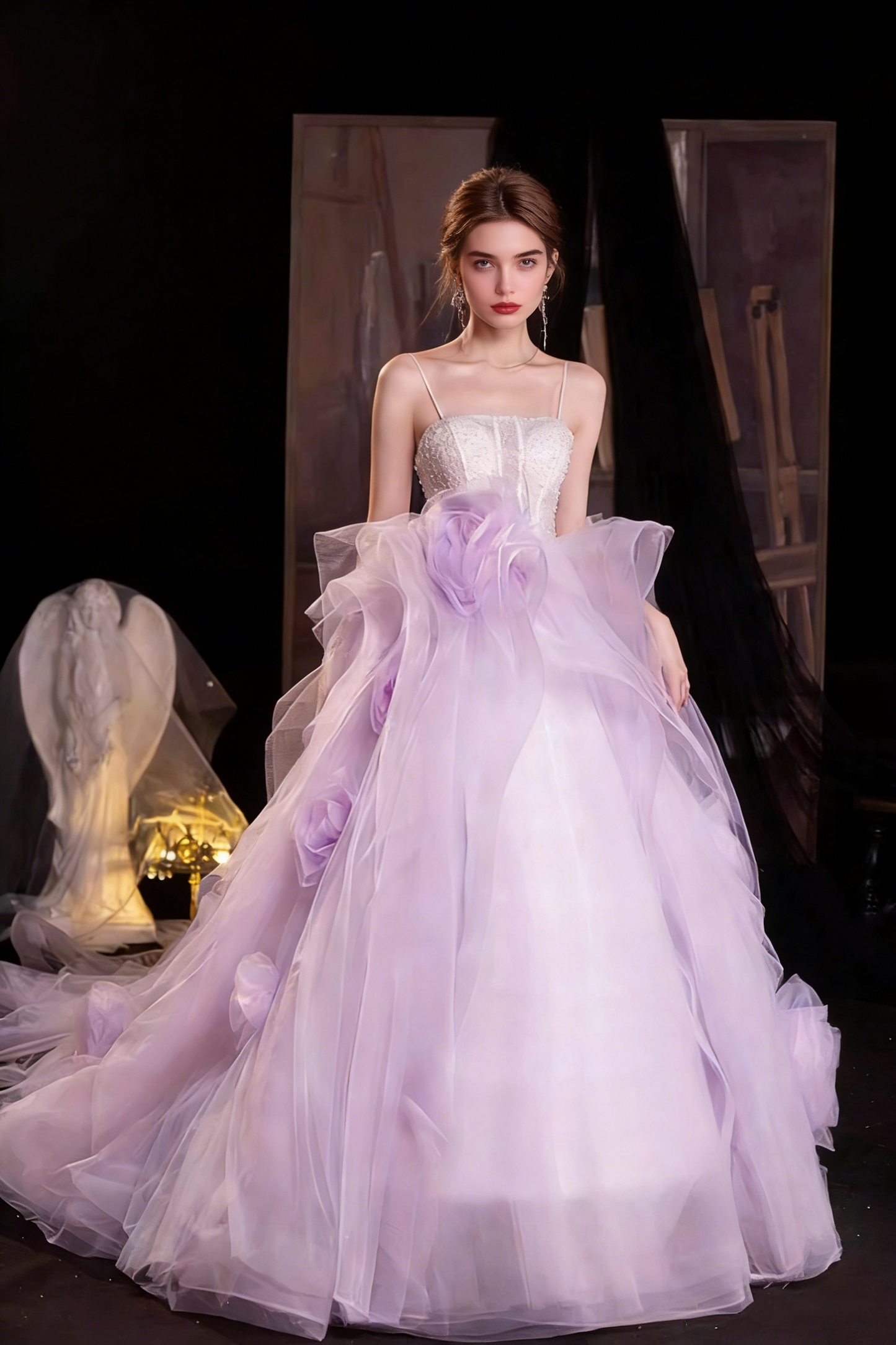 Fitted A-Line Spaghetti Strap Ruffles Evening Gowns Beading Handmade Flowers Tulle Prom Dress AP5466