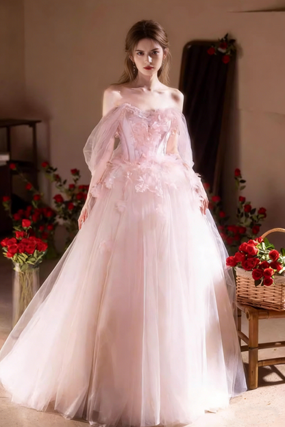Flattering Pink Off-Shoulder A-Line Sweet 16th Dresses Appliques Beads Prom Dress AP5467