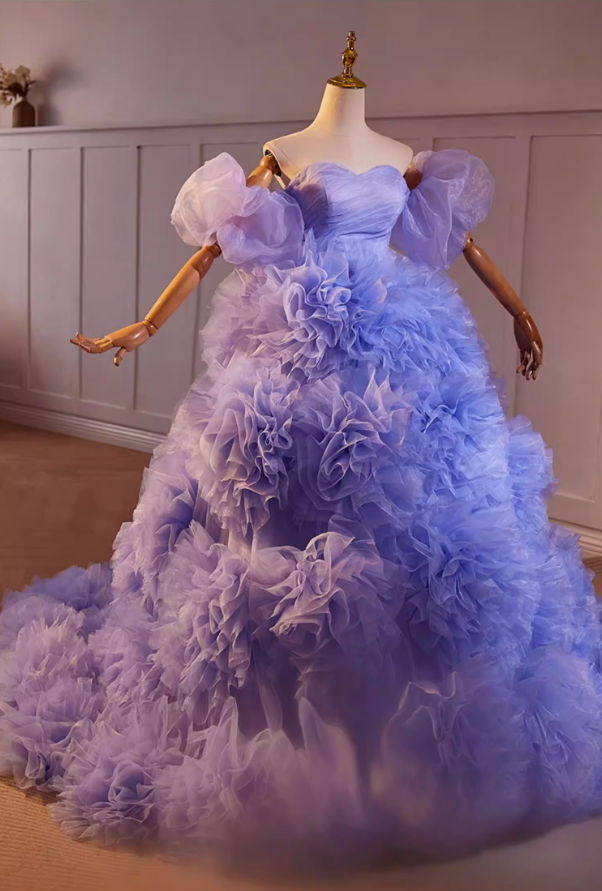 Attractive Off-Shoulder A-Line Ruffles Tulle Sweet 16th Dresses Handmade Flowers Purple Prom Dress AP5469