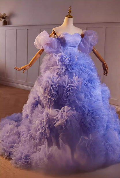 Attractive Off-Shoulder A-Line Ruffles Tulle Sweet 16th Dresses Handmade Flowers Purple Prom Dress AP5469