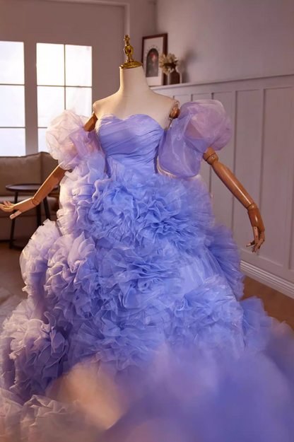 Attractive Off-Shoulder A-Line Ruffles Tulle Sweet 16th Dresses Handmade Flowers Purple Prom Dress AP5469