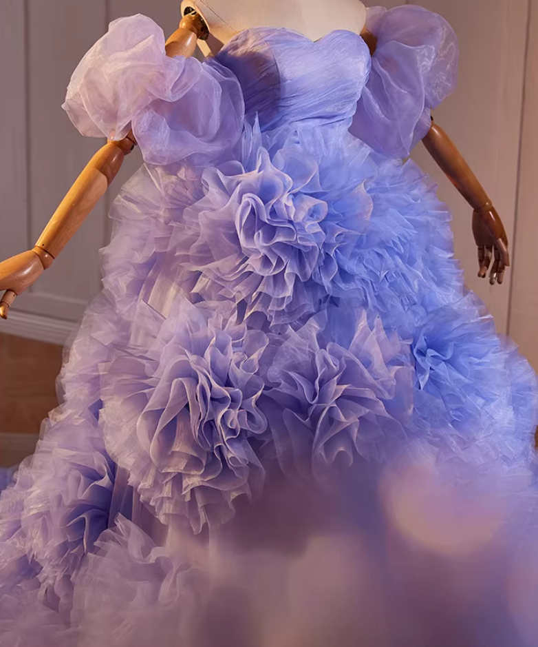 Attractive Off-Shoulder A-Line Ruffles Tulle Sweet 16th Dresses Handmade Flowers Purple Prom Dress AP5469
