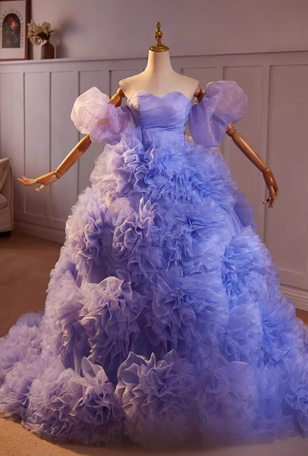 Attractive Off-Shoulder A-Line Ruffles Tulle Sweet 16th Dresses Handmade Flowers Purple Prom Dress AP5469