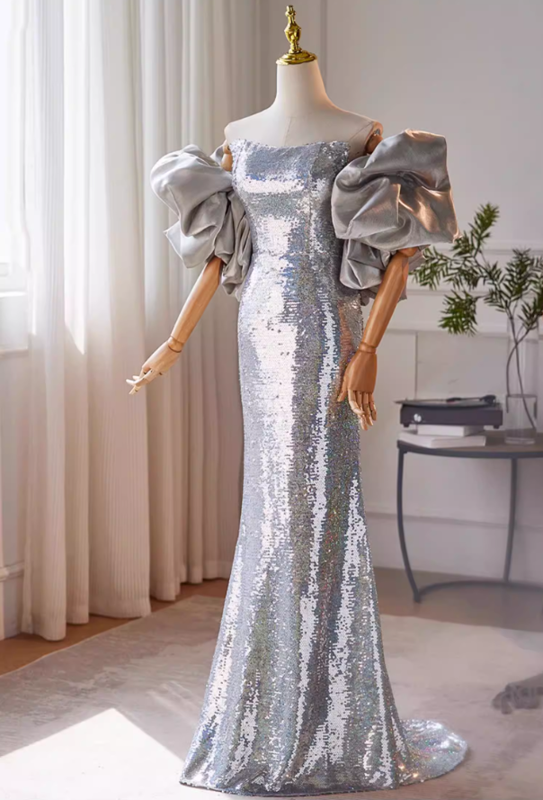 Glittering Strapless Mermaid Evening Dress Silver Sequins Prom Dress AP5472