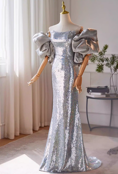 Glittering Strapless Mermaid Evening Dress Silver Sequins Prom Dress AP5472