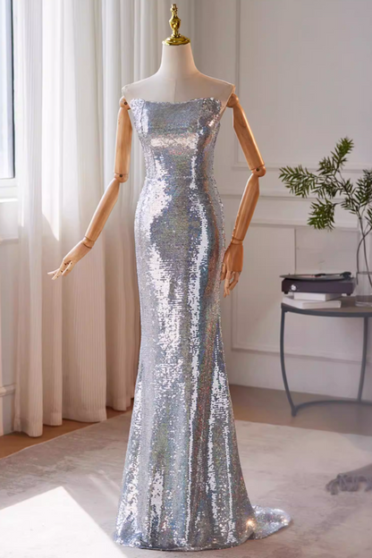 Glittering Strapless Mermaid Evening Dress Silver Sequins Prom Dress AP5472