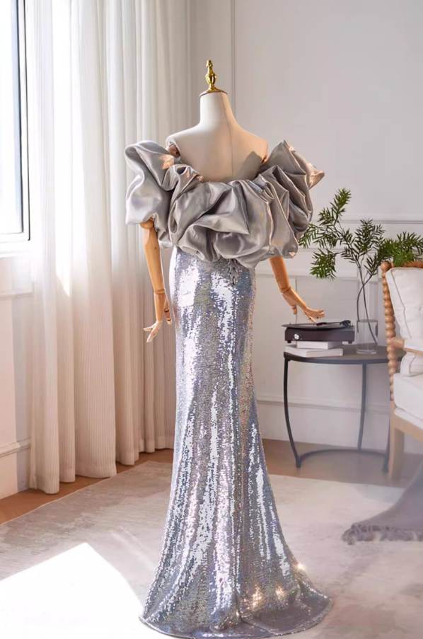 Glittering Strapless Mermaid Evening Dress Silver Sequins Prom Dress AP5472