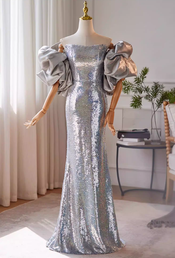 Glittering Strapless Mermaid Evening Dress Silver Sequins Prom Dress AP5472