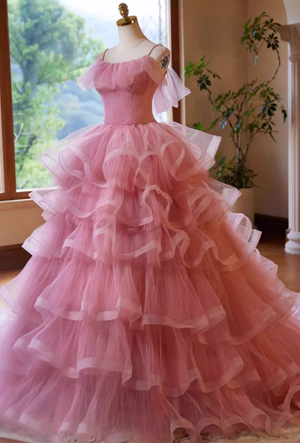 Modern A-Line Spaghetti Strap Ruffled Evening Gowns Tiered Pink Tulle Prom Dress AP5473