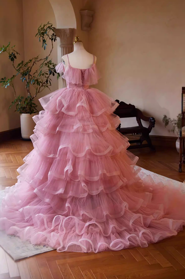Modern A-Line Spaghetti Strap Ruffled Evening Gowns Tiered Pink Tulle Prom Dress AP5473