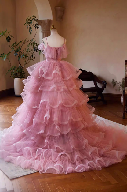 Modern A-Line Spaghetti Strap Ruffled Evening Gowns Tiered Pink Tulle Prom Dress AP5473