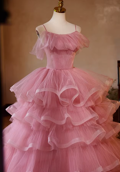 Modern A-Line Spaghetti Strap Ruffled Evening Gowns Tiered Pink Tulle Prom Dress AP5473