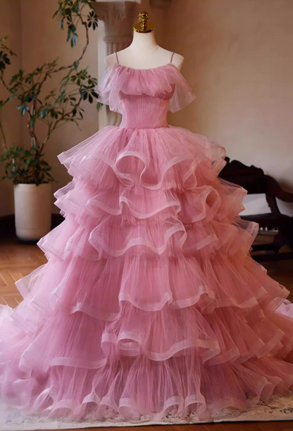 Modern A-Line Spaghetti Strap Ruffled Evening Gowns Tiered Pink Tulle Prom Dress AP5473