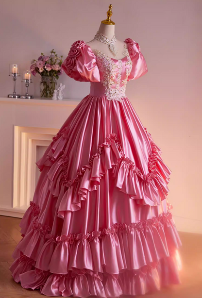 Princess A-Line Illusion Neck Ruffled Satin Sweet 16th Gowns Appliques Beading Sequins Short Sleeve Prom Dress AP5474