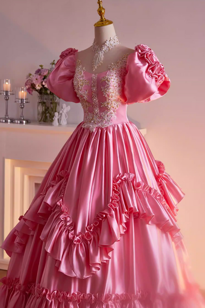 Princess A-Line Illusion Neck Ruffled Satin Sweet 16th Gowns Appliques Beading Sequins Short Sleeve Prom Dress AP5474