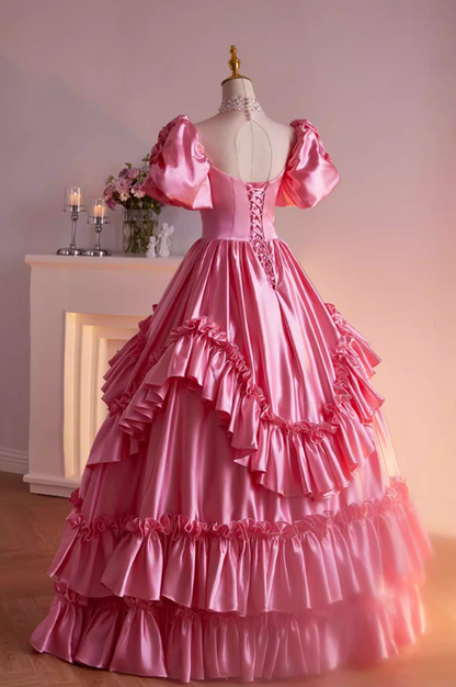Princess A-Line Illusion Neck Ruffled Satin Sweet 16th Gowns Appliques Beading Sequins Short Sleeve Prom Dress AP5474