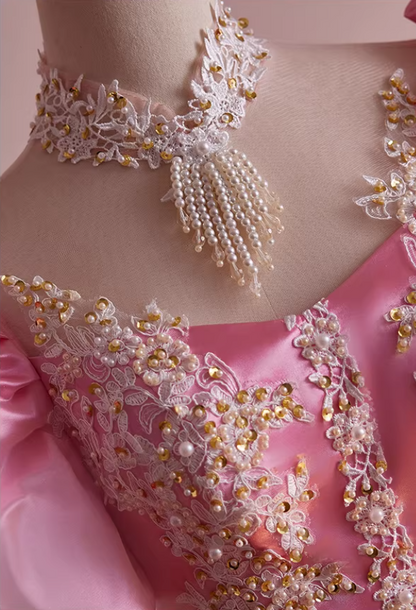 Princess A-Line Illusion Neck Ruffled Satin Sweet 16th Gowns Appliques Beading Sequins Short Sleeve Prom Dress AP5474