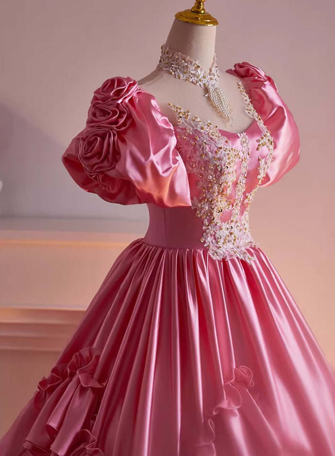 Princess A-Line Illusion Neck Ruffled Satin Sweet 16th Gowns Appliques Beading Sequins Short Sleeve Prom Dress AP5474