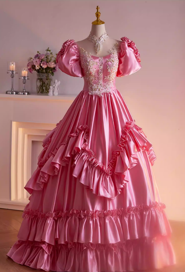 Princess A-Line Illusion Neck Ruffled Satin Sweet 16th Gowns Appliques Beading Sequins Short Sleeve Prom Dress AP5474